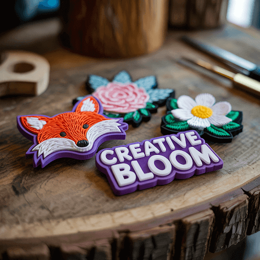 A close-up shot showcasing several custom 3D patches