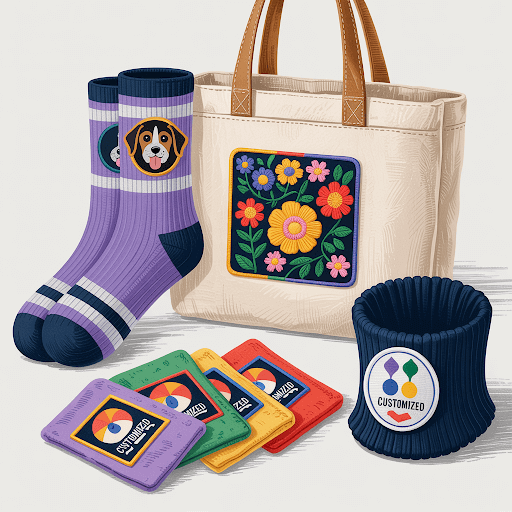 A close-up view of colorful custom patches displayed on various textile items