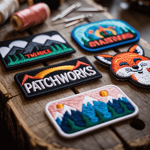 A collection of custom 3D patches arranged on a rustic wooden surface