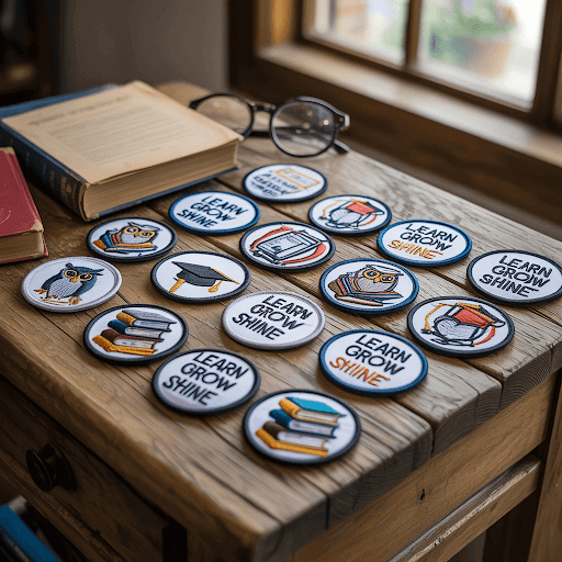 A collection of custom embroidered patches arranged neatly on a weathered wooden table