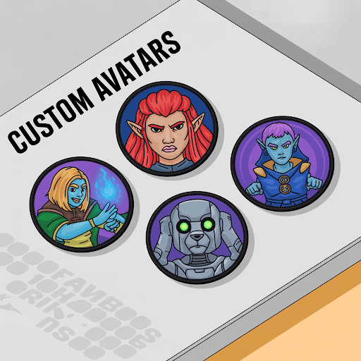 A collection of custom video game avatar patches displayed on a clean white surface