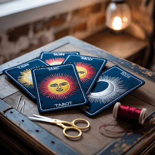 A collection of intricately designed, tarot-inspired custom patches