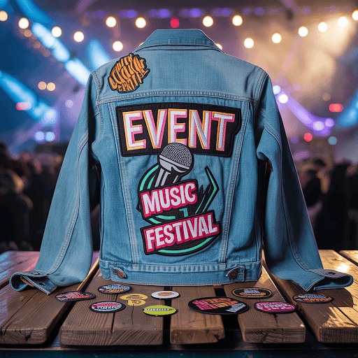 A denim jacket with several custom patches attached