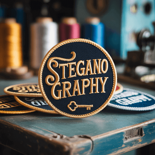 A meticulously embroidered patch displaying the text Steganography