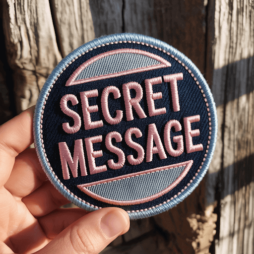 A meticulously embroidered patch featuring the words Secret Message