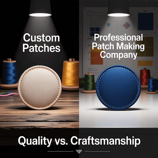 A minimalist poster illustrating a side-by-side comparison of Custom Patches