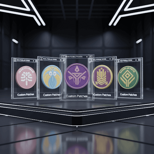 A modern digital display showcasing several unique custom patches as NFTs