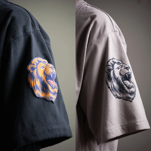A side-by-side comparison showcasing the textural differences between fabric patches and screen-printed designs