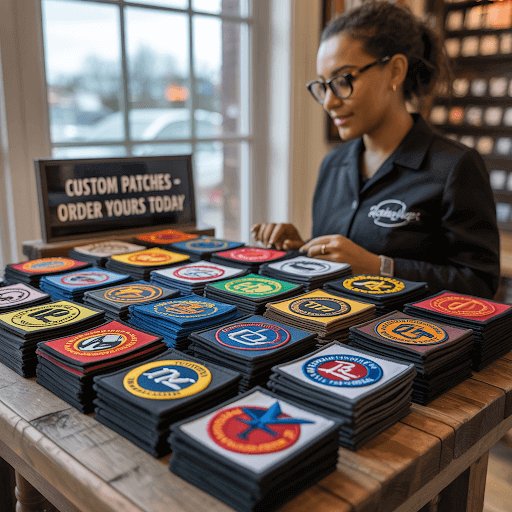 A stack of custom embroidered patches neatly arranged