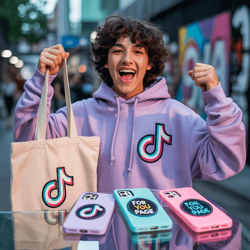 A trendy teenager excitedly showcasing a TikTok-inspired merchandise display having custom patch in it