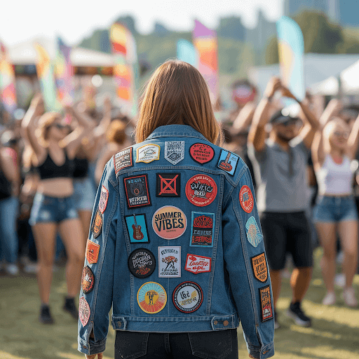 A vibrant collection of custom patches displayed on a worn denim jacket