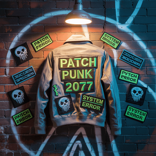A weathered leather jacket adorned with various dystopian patches