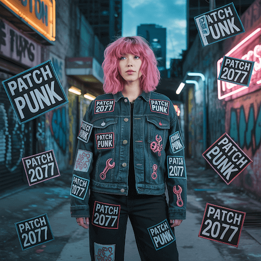 A young woman with vibrant pink hair, adorned with numerous patchwork denim patches