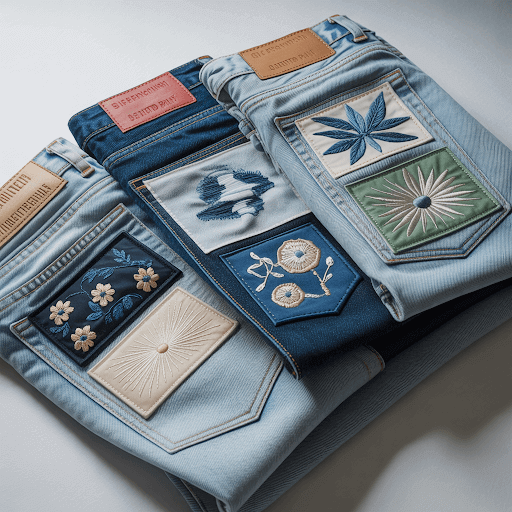 Denim jeans showcasing several custom patches strategically applied