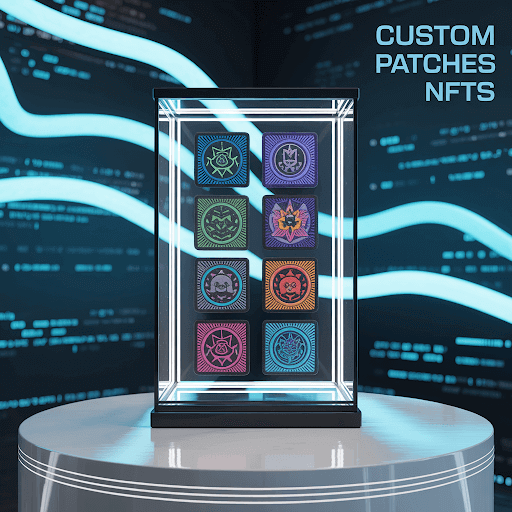 Futuristic display case showcasing several uniquely designed custom patches