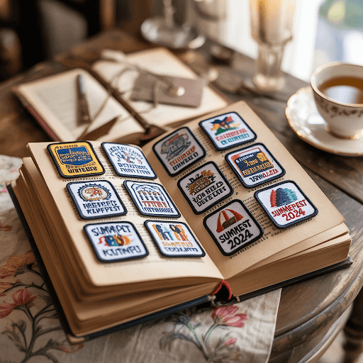 A collection of custom-designed patches elegantly displayed as bookmarks