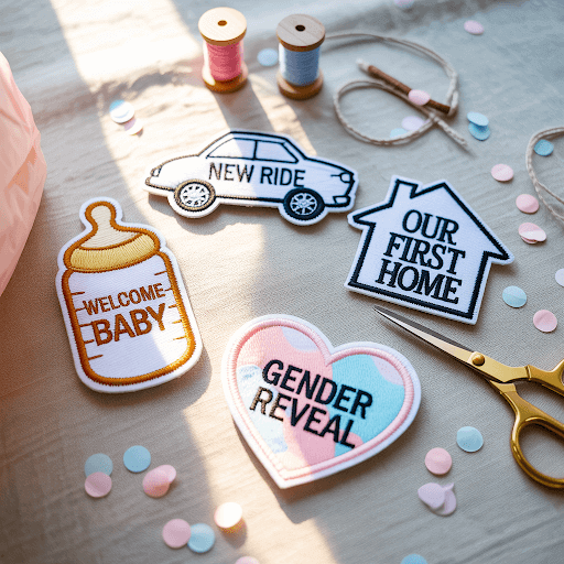 A collection of custom iron-on patches centered on a light gray linen surface