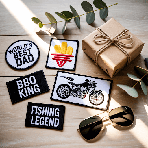 A curated collection of custom Father's Day patches arranged on a wooden surface