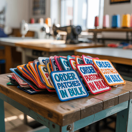 A pile of custom patches displayed on a wooden table