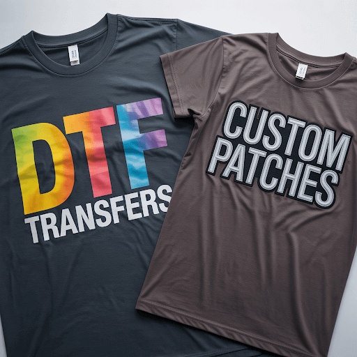 A side-by-side comparison of DTF transfers and custom patches