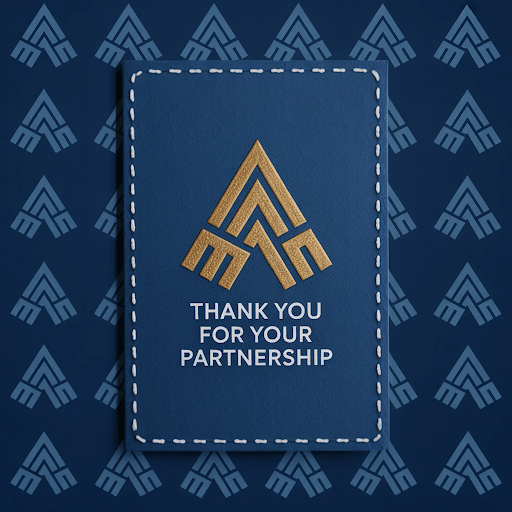 A sophisticated business greeting card designed to resemble a custom patch