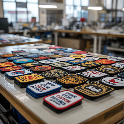 A stack of custom patches displayed on a worktable