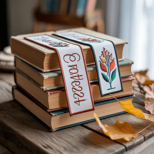 A stack of vintage books with a custom embroidered patch bookmark