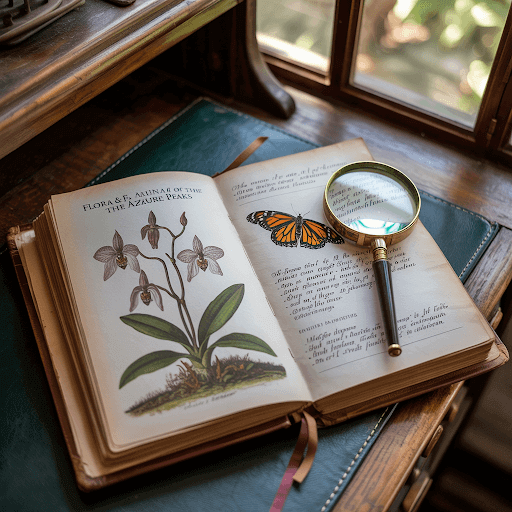 A weathered leather-bound field guide open to a page illustrating a rare orchid