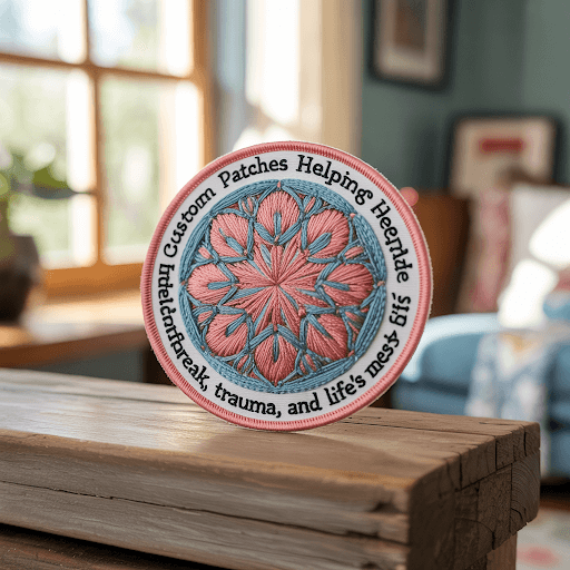 An embroidered patch resting on a weathered wooden surface