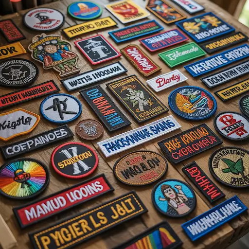 Various custom embroidered patches arranged on a table