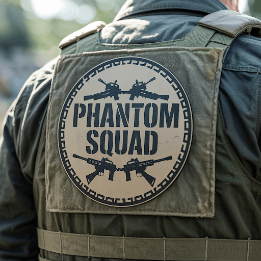 A circular Airsoft team patch stitched onto a canvas tactical vest