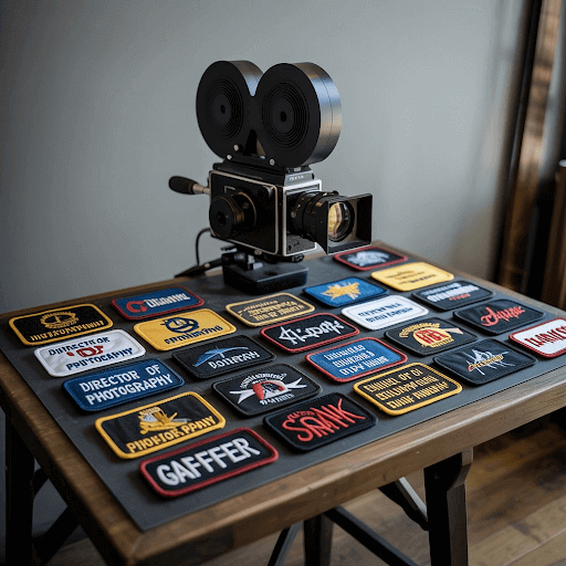 A collection of custom-designed patches for a film crew and production team
