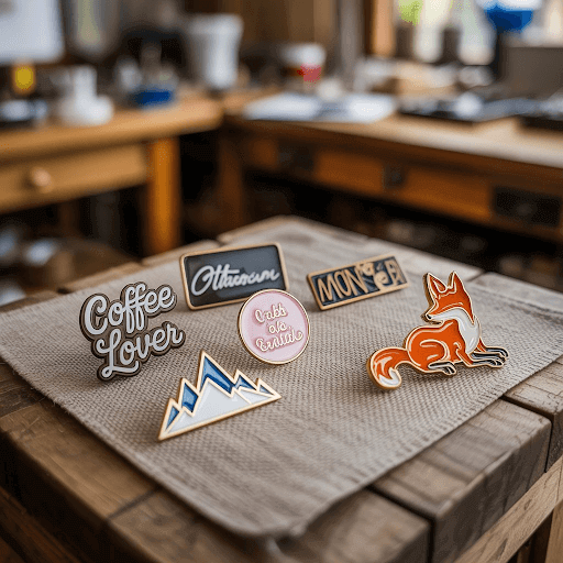 A collection of custom lapel pins arranged on a textured linen surface