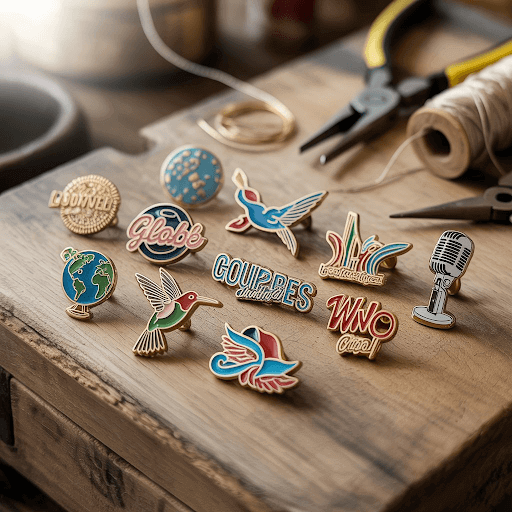 A collection of custom lapel pins neatly arranged