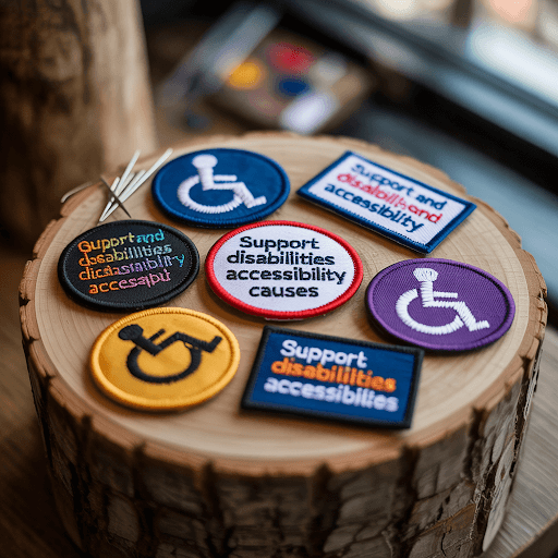 A collection of custom patches displayed on a textured wooden surface
