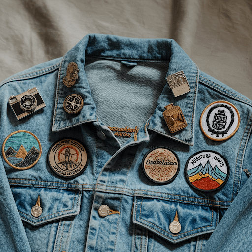 A denim jacket adorned with an assortment of custom patches and lapel pins.