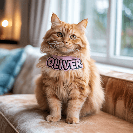 A fluffy ginger cat wearing a collar with a personalized patch.