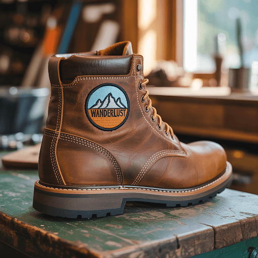 A rugged brown leather work boot adorned with a custom embroidered patch