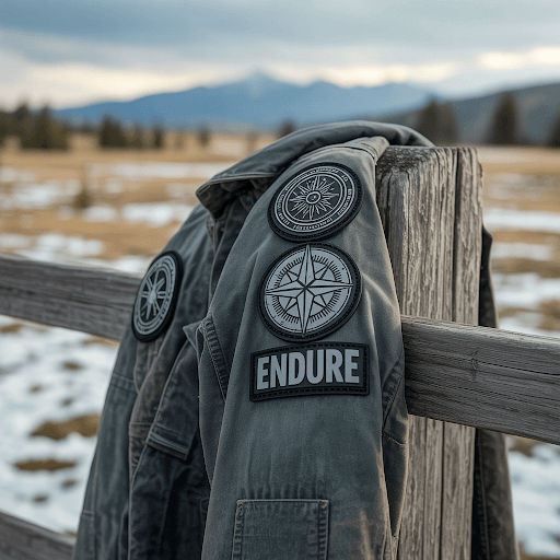 A set of custom PVC patches on a dark grey military-style jacket