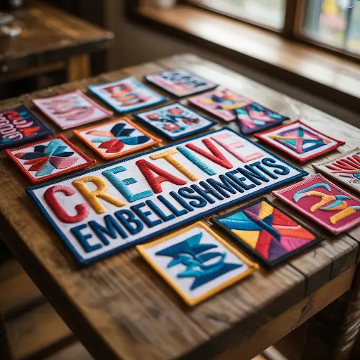 A vibrant collection of custom woven patches artfully arranged on a rustic wooden table