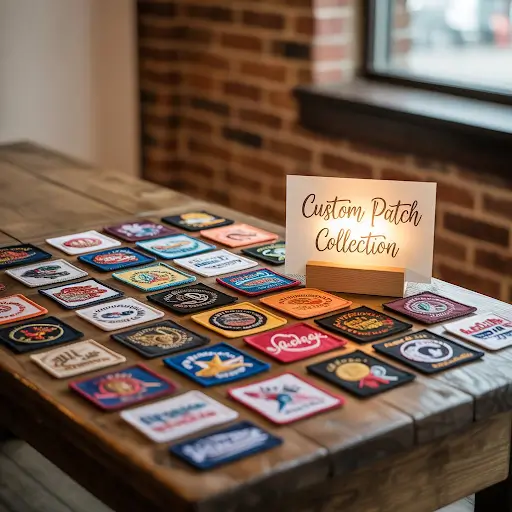 Collection of custom patches displayed on a rustic wooden table
