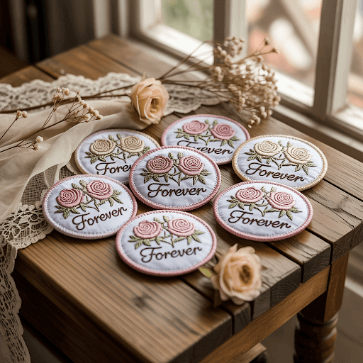 Embroidered patches commemorating a wedding party