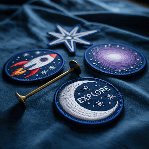 Multiple space-themed patches arranged on a dark blue velvet surface