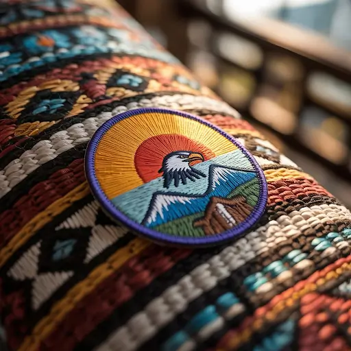 Patch design showcasing a stylized depiction of Indigenous heritage