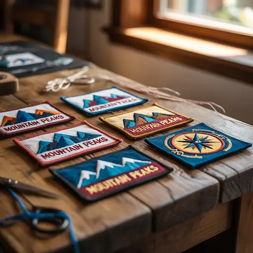 Several custom-woven patches neatly arranged on a rustic wooden table