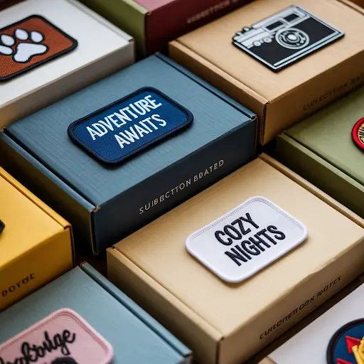 Subscription boxes, each featuring a custom embroidered patch
