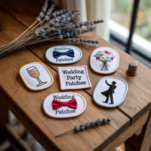 Wedding patches arranged artfully on a rustic wooden table