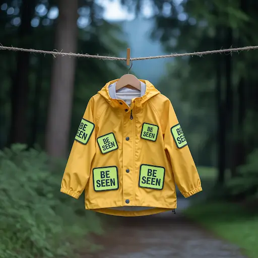 bright yellow raincoat with several Glow-in-the-Dark patches