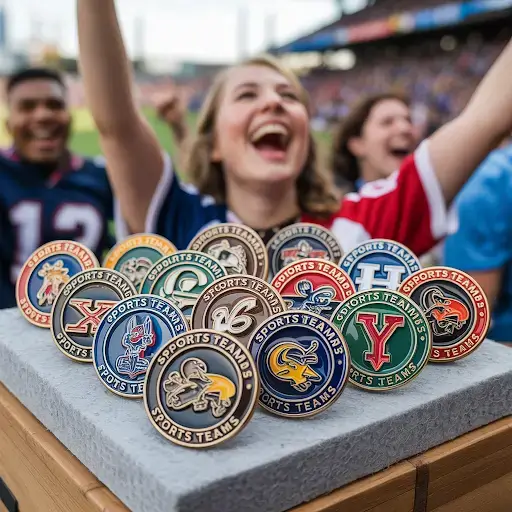 A collection of custom trading pins designed for sports teams