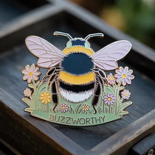 A vibrant enamel pin illustration showcases a cheerful bumblebee